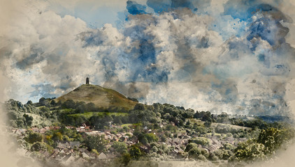 Digital watercolor painting of Beautiful landscape view of Glastonbury Tor on Summer day © veneratio