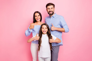 Portrait of cheerful people with wavy long hairstyle show perfect agreement wear checkered plaid...