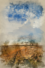 Naklejka na ściany i meble Digital watercolor painting of Autumn sunset over countryside landscape