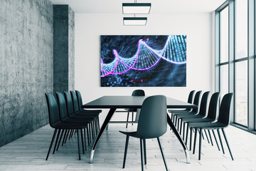Conference room interior with DNA on screen monitor on the wall. Education concept. 3d rendering.