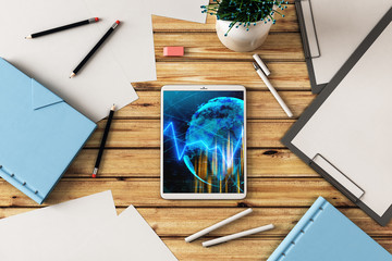 Digital tablet closeup top view with financial graph and partial world map on screen. Online international trading application concept. 3d rendering.