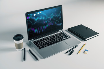 Laptop closeup with forex graph on computer screen. Financial trading and education concept. 3d rendering.