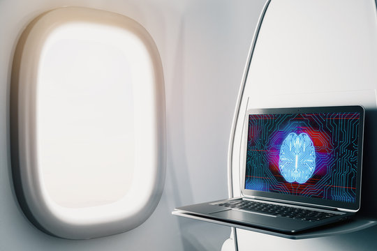 Laptop closeup inside airplane with brain drawing pic on screen. Data analysis and ai concept. 3d rendering.