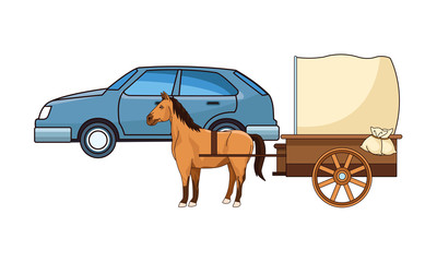 Classic cars and horse carriages vehicles