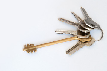 A bunch of modern door keys on ring on white background