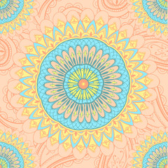 Seamless pattern tile with mandalas. Vintage decorative elements. Hand drawn background. Islam, Arabic, Indian, ottoman motifs. Perfect for printing on fabric or wrapping, surface textures, coloring