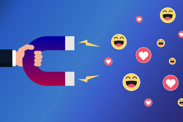 Hand with a magnet attracting smileys and hearts. Positive feedback, marketing on social media concept. Influencer. Hand holding magnet dragging smileys and heart signs. Vector illustration,flat style