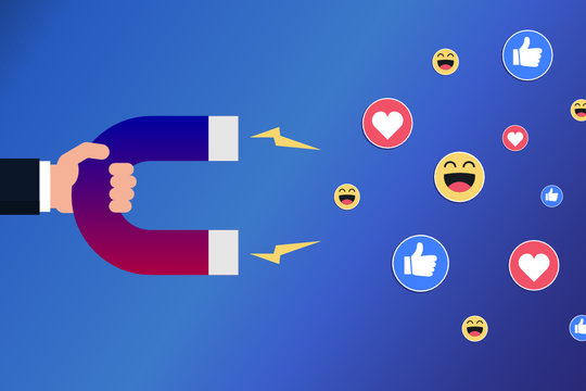 Hand with a magnet attracting likes, smileys and hearts. Positive feedback, marketing on social media concept. Influencer. Hand holding magnet dragging smiley faces, hearts, likes. Vector illustration