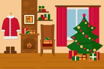 Obraz premium Santa's room. Festive interior. with Christmas tree, presents. New year's eve and Christmas.