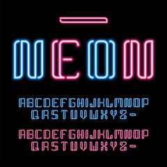 Neon font, 80s text letter glow light set Ultra violet character abc. UV luminous effect high detailed alphabet for advertising. Retro techno acid style. Vector illustration