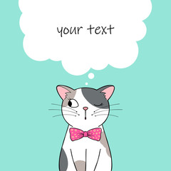 Cute cartoon cat character. Greeting card or invitation template with place for text. Hand drawn illustration