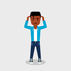 Young African American having a headache. Geek holding head having migraine.Frustration, anger, pain, concerned,worried,concept. Stressed, disappointed man feels tension.Vector illustration,flat style