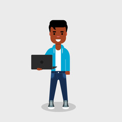 Young African American holding laptop computer. Geek standing with laptop in hands. Successful man in jeans and sweatshirt smiling and using a notebook. Vector illustration, flat style,clip art.