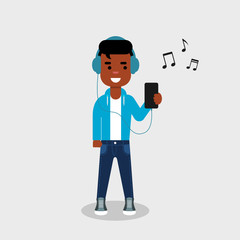Young African American is listening to music on phone.Guy with headphones in jeans and sweatshirt browsing song on phone.Geek is looking at mobile phone,listen to music and smiling.Vector illustration