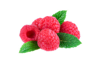 Heap of raspberries with fresh mint leaf isolated on white background