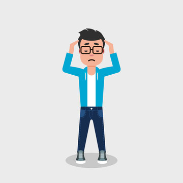 recommend clip art: Young man having a headache. Geek holding head having migraine.Frustration, anger, pain, concerned, worried,concept. Stressed, disappointed man feels tension. Vector illustration,flat style,clip art. 