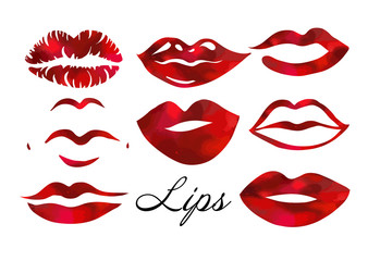 Set Red lips, sexy woman's kiss with birthmark, flat style, vector illustration. Beauty logo. Element design multi-colored lips