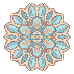 Decorative colorful ethnic mandala pattern. Design element for greeting card, banner or poster in oriental style. Hand drawn illustration