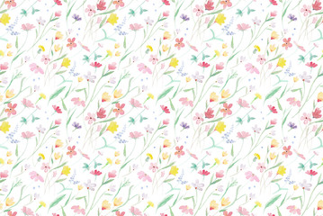 Wild flowers. Watercolor painted. Seamless fabric pattern design. Flowers on wind. Delicate and bright.