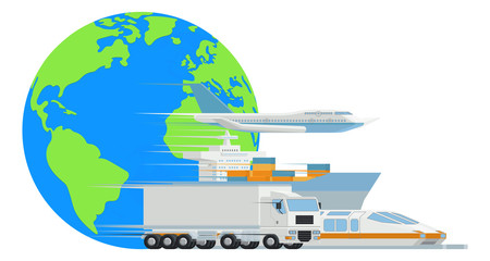 A logistic transport import export cargo world globe design with truck, train, air plane and ship