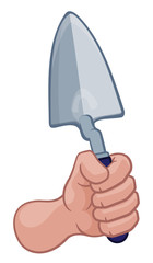 A bricklayer or builder cartoon hand in a fist holding a trowel