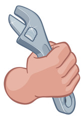 A plumber or mechanic cartoon hand in a fist holding a wrench or spanner