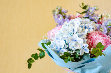 Bouquet of flowers close-up. Peonies, hydrangea.