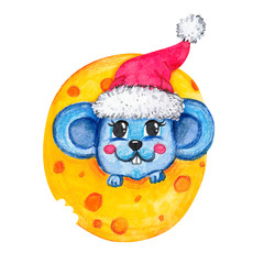 Mouse peeking out of cheese. Red hat.