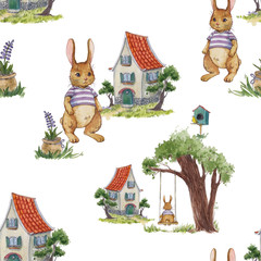 Watercolor pattern with a rabbit