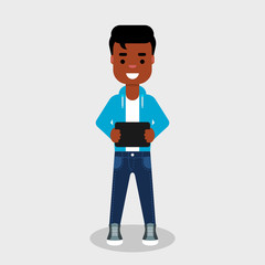 Young African American holding tablet computer in his hands and smiling. Boy looking at tablet PC screen. Wireless communication,electronic gadget, concept. Vector illustration, flat style, clip art. 