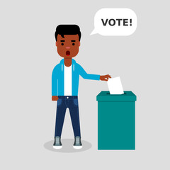 Young African American voting at the ballot box. He is calling for participation in elections. Elections, democracy,participation,vote,concept.Speech bubble with VOTE message.Vector illustration,flat.