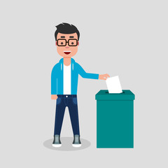 Young man voting at the ballot box. Elections, democracy, participation, vote, concept. Modern character in jeans and sweatshirt smiling. Vector illustration, flat style, clip art.