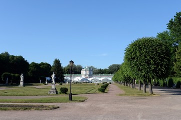 Park in the Moscow estate "Kuskovo", the former estate of counts Sheremetev. View of the Large stone greenhouse