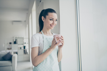 Photo of pleased relaxed resting beautiful charming grilfriend having finished cleaning house taken coffee cup and started drinking it while looking out the window
