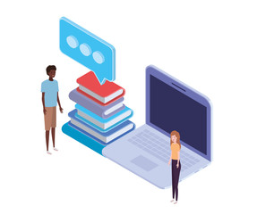 couple of people with laptop and stack of books on white background