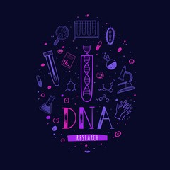 Vector Illustration, poster with equipment for DNA testing, research and hand drawn Lettering. Conceptual design for chemical, biological and medicinal laboratory, school, clinic