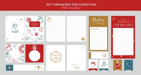 Before Merry Christmas organizer, planner, notepad, diary with vector hand drawn illustrations and handwritten calligraphy. Happy new year vintage elements. Get organized for ChristmasReady for print