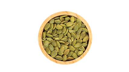 Green pumpkin seeds in a bowl on a white background.