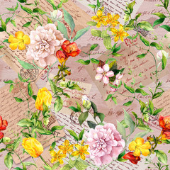Hand written letters, stamps, meadow flowers, wild grasses. Seamless pattern at vintage aged paper