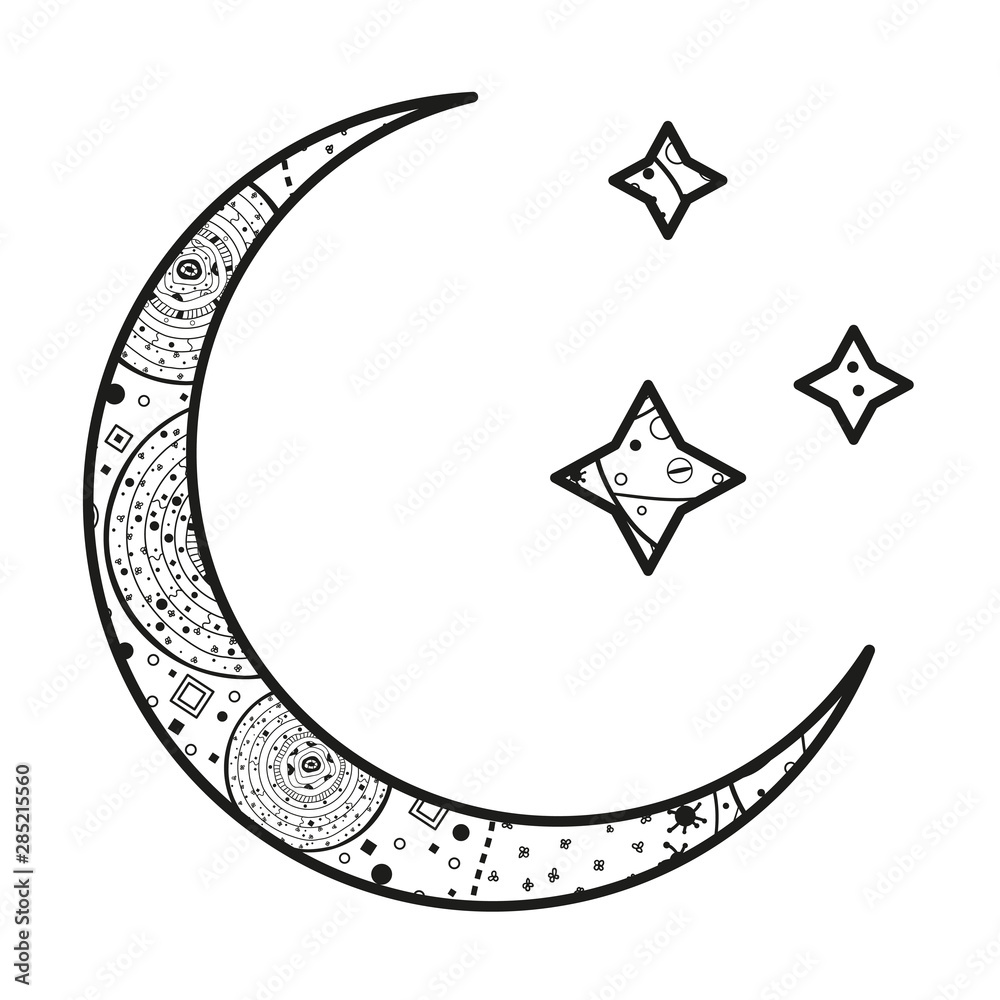 Sticker crescent moon and stars with abstract patterns on isolated white background. design for spiritual re