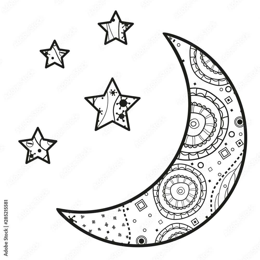 Wall mural crescent moon with stars with abstract patterns on isolation background. design for spiritual relaxa