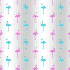 Seamless stripe wallpaper with flamingos. Cartoon birds. Print for your design. Colorful illustration