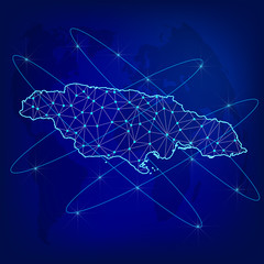 Global logistics network concept. Communications network map Jamaica on the world background. Map of Jamaica with nodes in polygonal style. Vector illustration EPS10. 