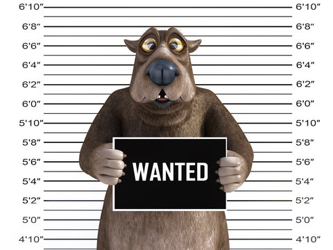 3D rendering of a cartoon bear looking silly in a mugshot.