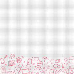 Back to school. Abstract checkered pattern with school supplies. Graphic paper background. Hand drawn elements