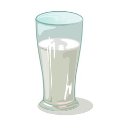 Long faceted glass cup with water. Drinking vessels. Transparent tableware with chemical or medical liquid. Drinkware with coconut or birch sirup, nectar, juice, sap. Cartoon vector on white.