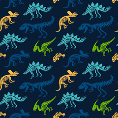 Dinosaurs skeletons fossils seamless pattern. Tshirt print, fabric, modern background. Vector