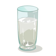 Long faceted glass cup with water. Drinking vessels. Transparent tableware with chemical or medical liquid. Drinkware with coconut or birch sirup, nectar, juice, sap. Cartoon vector on white.