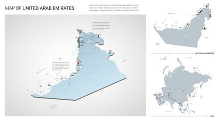 Vector set of United Arab Emirates country.  Isometric 3d map, UAE map, Asia map - with region, state names and city names.