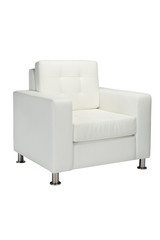 Modern white leather arm chair for living room isolated on a white background. Side view with clipping path